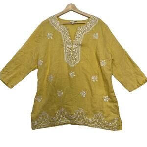 Charter Club Linen Tunic Top Womens XL Butter Yellow Embroidered Popover